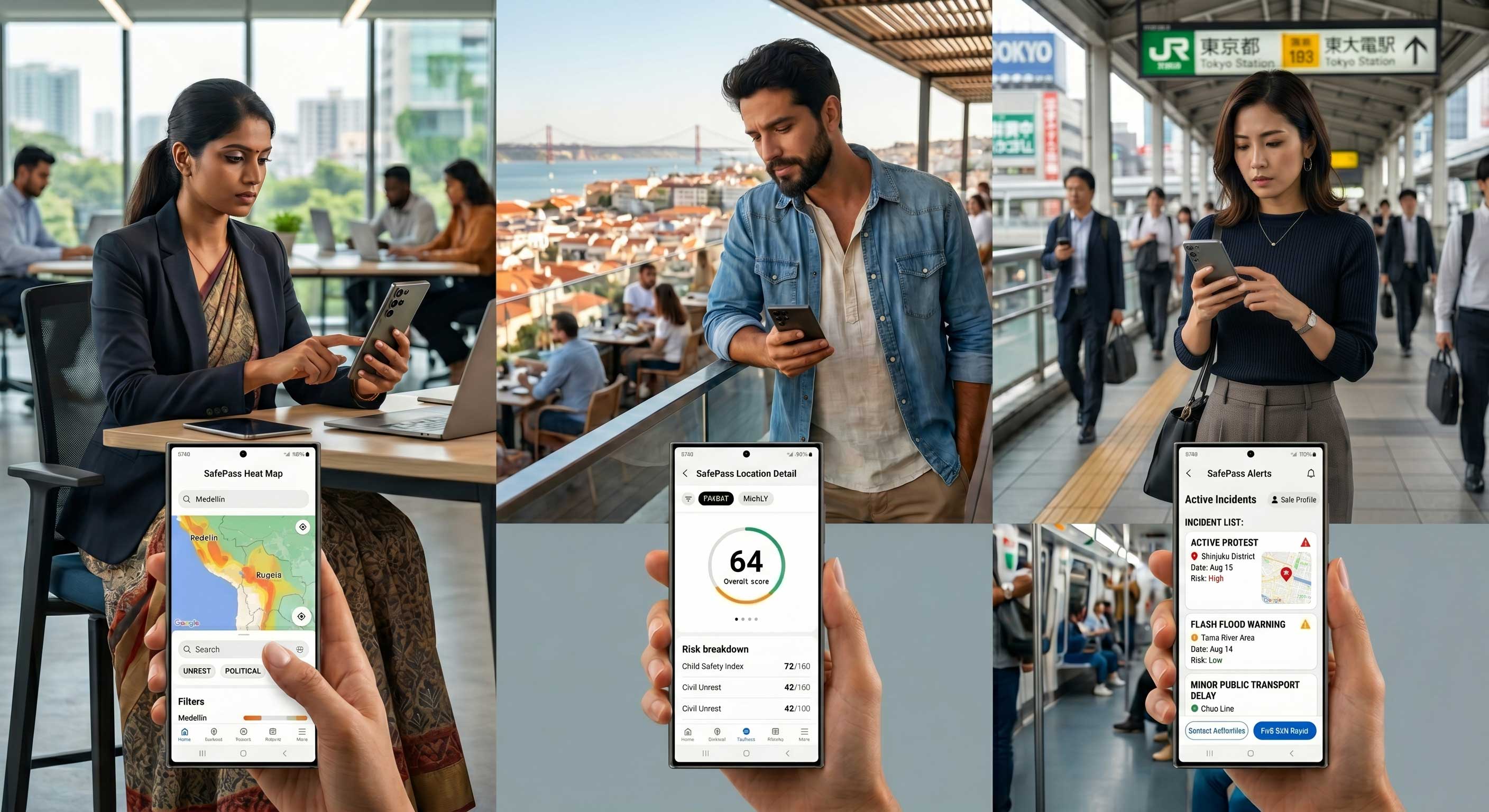 Digital nomads using SafePass in co-working spaces and transit hubs across Lisbon, Tokyo, and Medellín